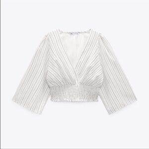 NWT Zara Short Sleeve Striped Linen Blouse Size Medium